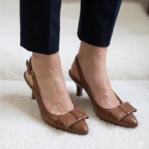 Franco Sarto Brown Pointed Slingback Heels with Bow Accent